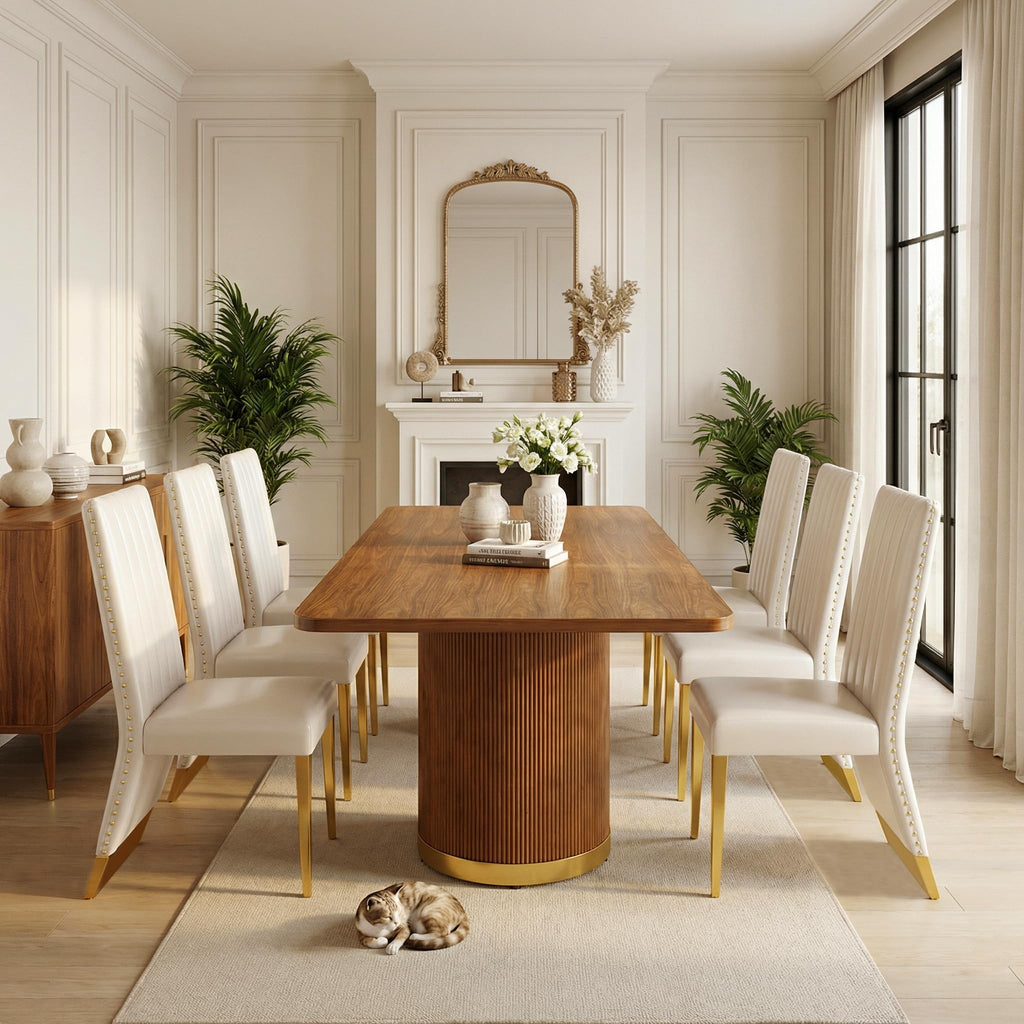 78" Walnut Dining Table Set with White Leather Chairs for 8 T550