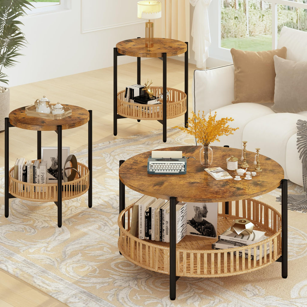 3 Pieces 2 Tier Round Rattan Coffee Table Set with Metal Frame G669