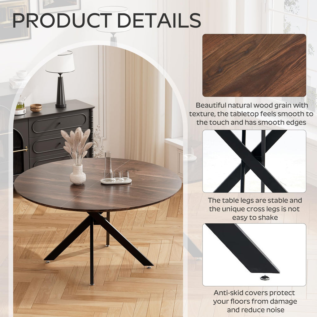 47" Walnut Round Dining Table Set for 4 with 4 Black Upholstered Chairs D21776