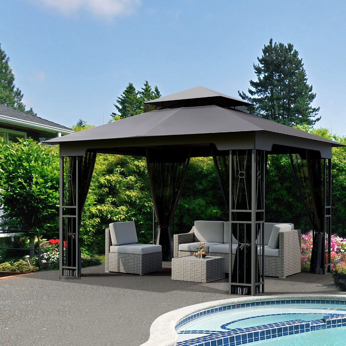 10' X 12' Outdoor Patio Gazebo with Double Roof and Mosquito Netting X7337
