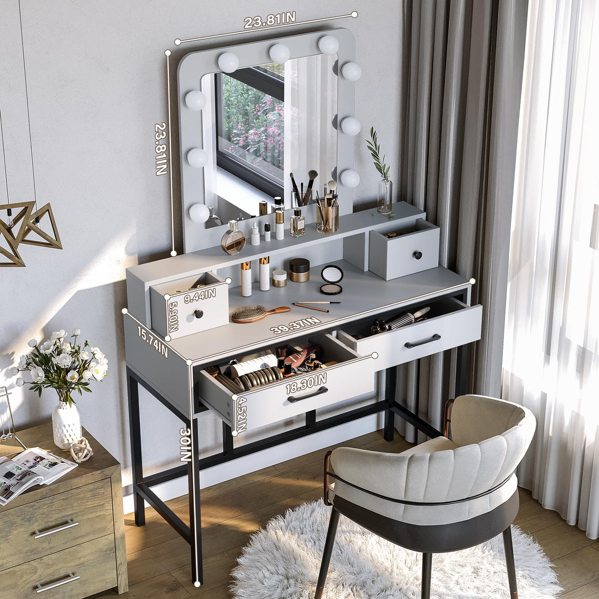 White Vanity Desk with Lighted Mirror and 4 Drawers P37362