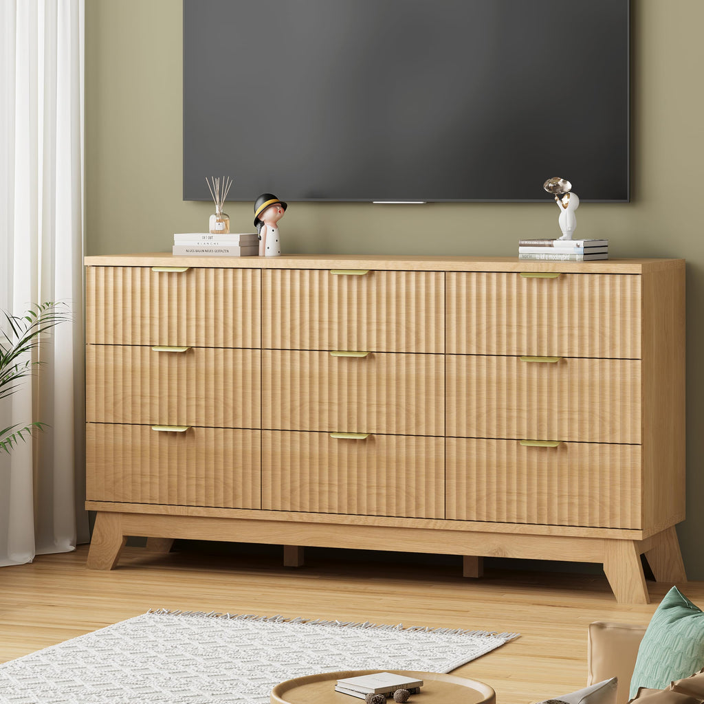 Natural Oak 9 Drawer Fluted Wood Dresser L851470