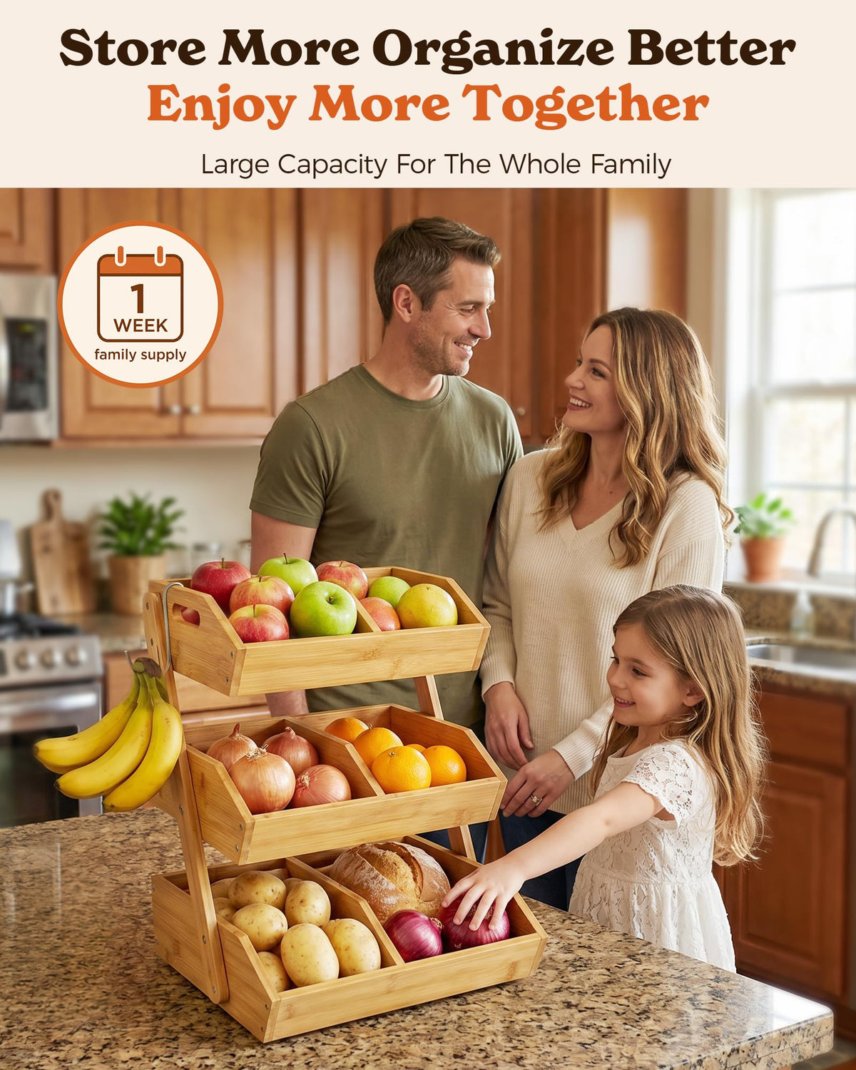 3-Tier Bamboo Fruit Basket with 2 Banana Holders L439