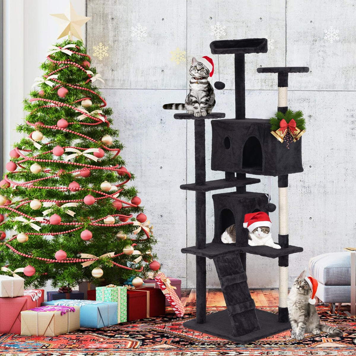 70" Dark Grey Cat Tree Tower with Scratching Post and Bed Y678174