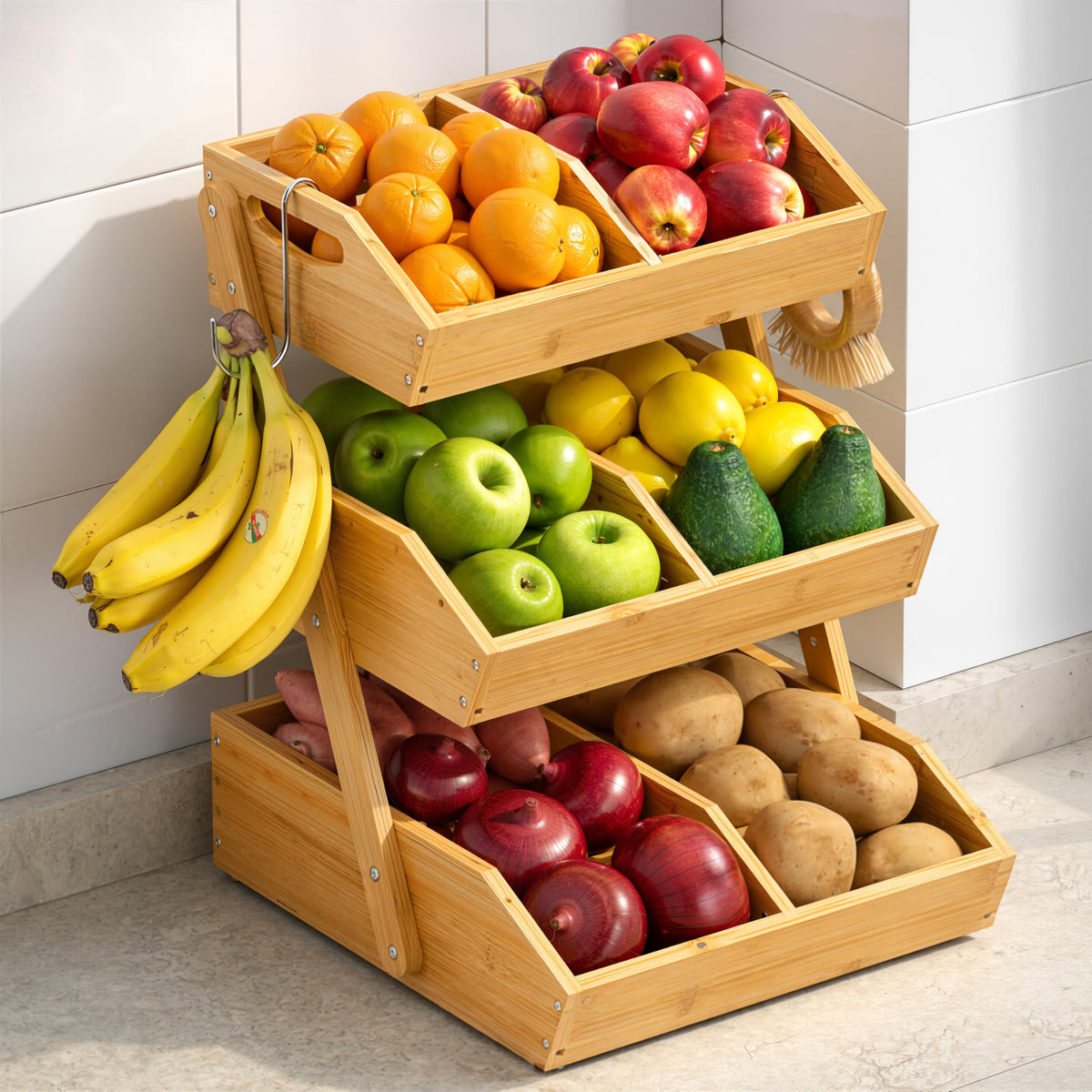 3-Tier Bamboo Fruit Basket with 2 Banana Holders L439