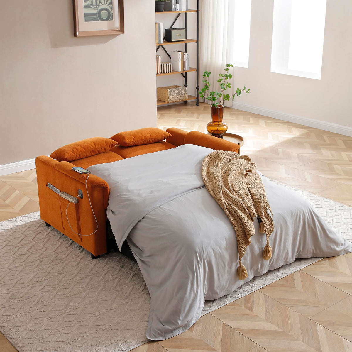 Orange Velvet Sleeper Sofa Y912