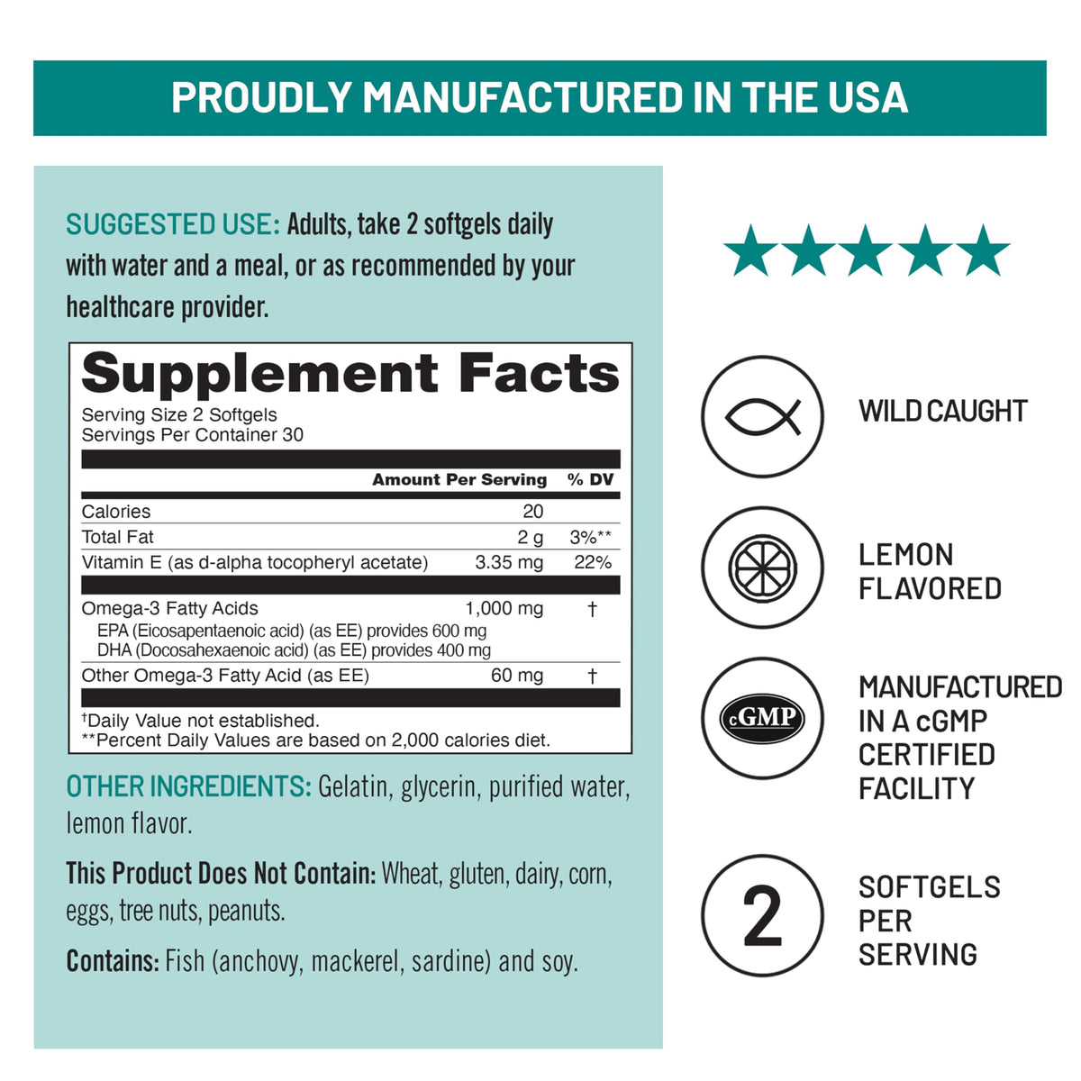 Omega 3 Fish Oil Supplement 1000mg 600 EPA 400 DHA Lemon Flavor 60 Softgels G778