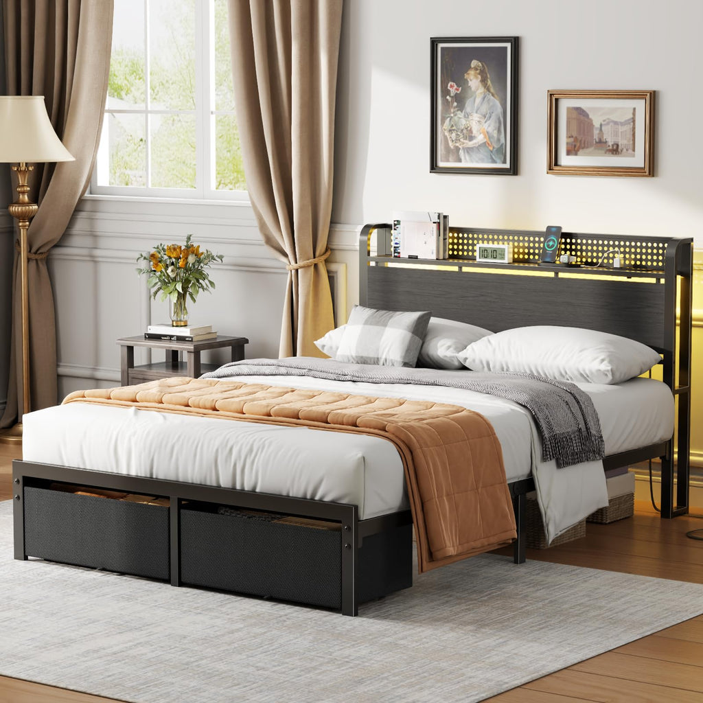 Full Size Bed Frame with Headboard, Charging Station, 2 Storage Drawers L987