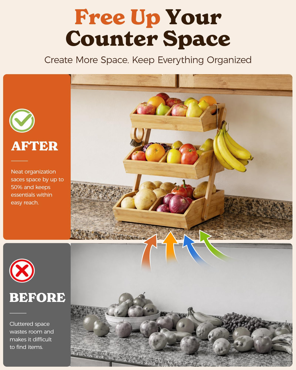 3-Tier Bamboo Fruit Basket with 2 Banana Holders L439