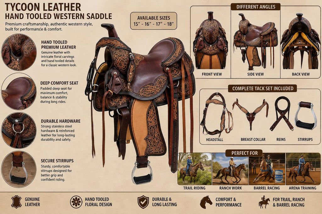 Hand Tooled Genuine Leather Western Horse Saddle with Tack Set 15-18 Inch P6388