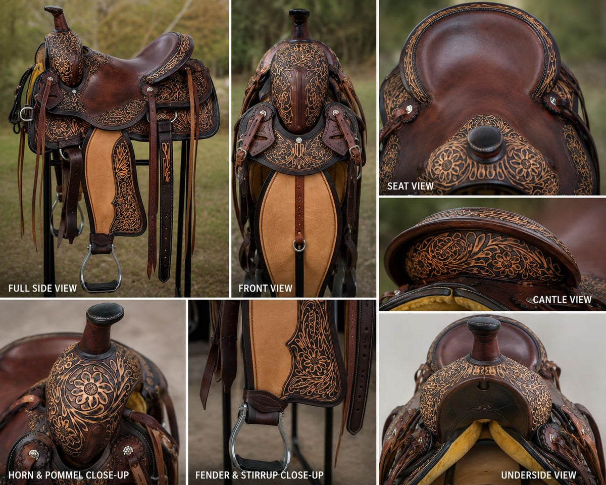 Hand Tooled Genuine Leather Western Horse Saddle with Tack Set 15-18 Inch P6388