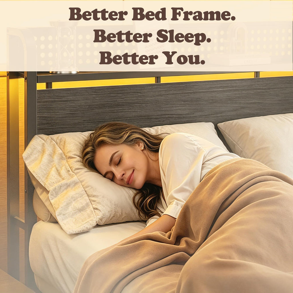 Full Size Bed Frame with Headboard, Charging Station, 2 Storage Drawers L987
