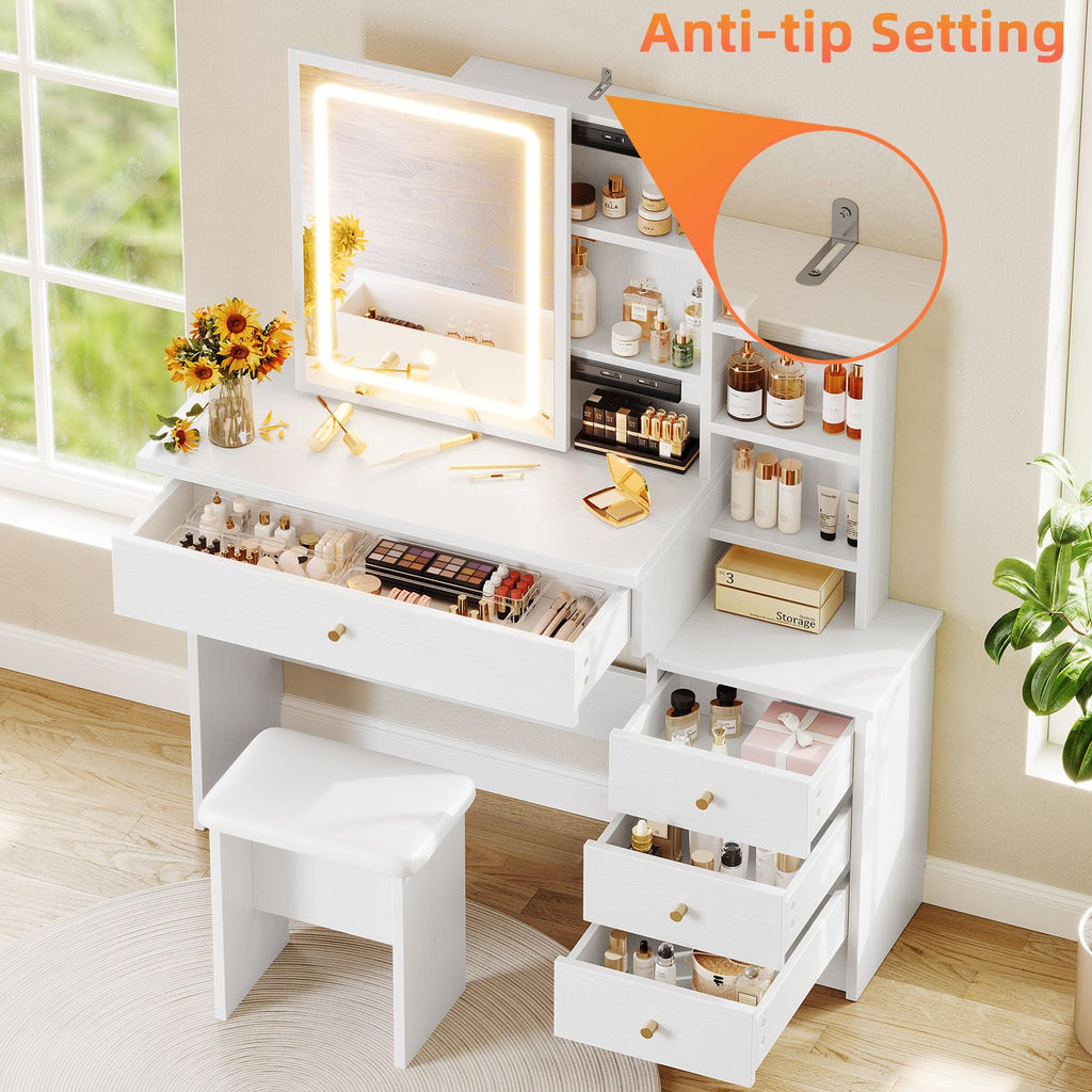 White Makeup Vanity Desk with Sliding Mirror & 4 Drawers V848