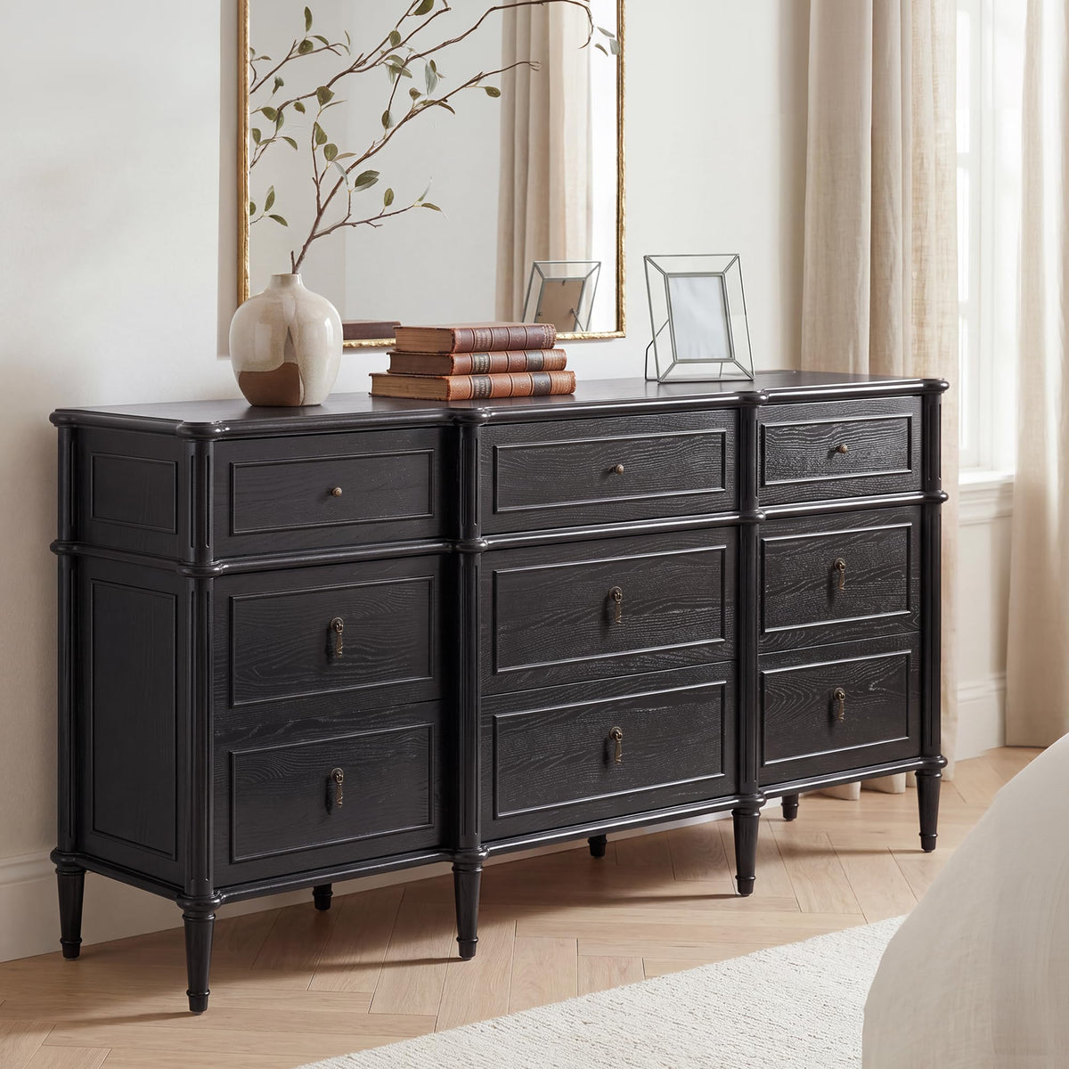 63" 9-Drawer Wood Dresser with Power Outlet, Black M7484