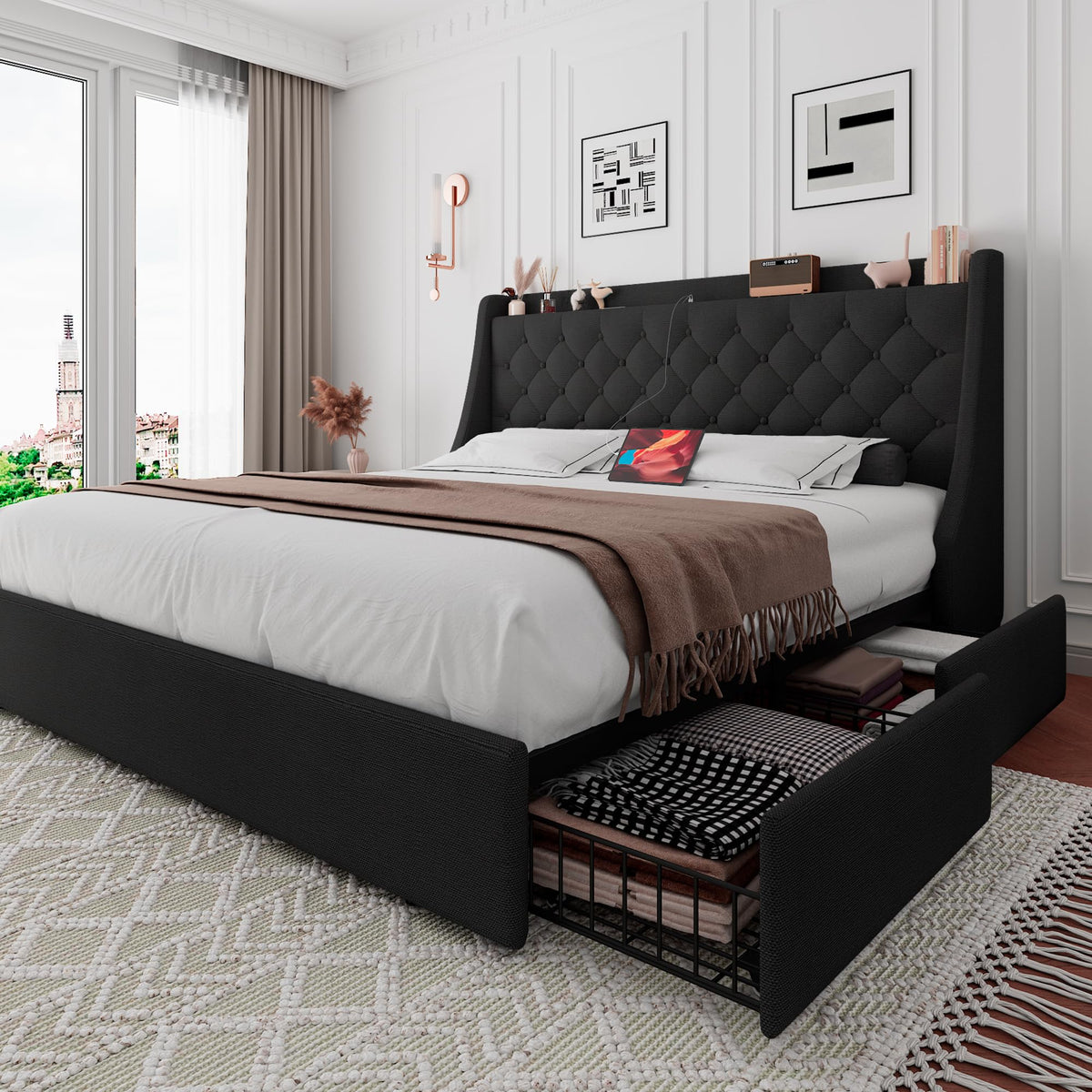 Black Queen Upholstered Platform Bed Frame with 4 Storage Drawers R30910