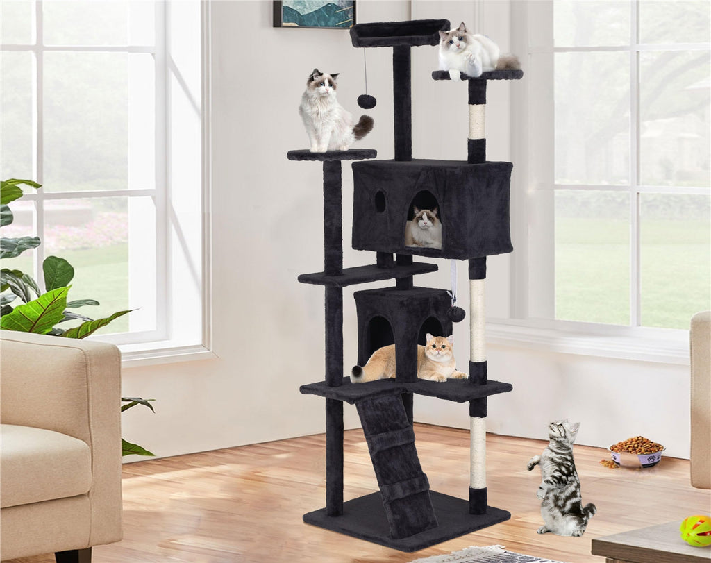 70" Dark Grey Cat Tree Tower with Scratching Post and Bed Y678174