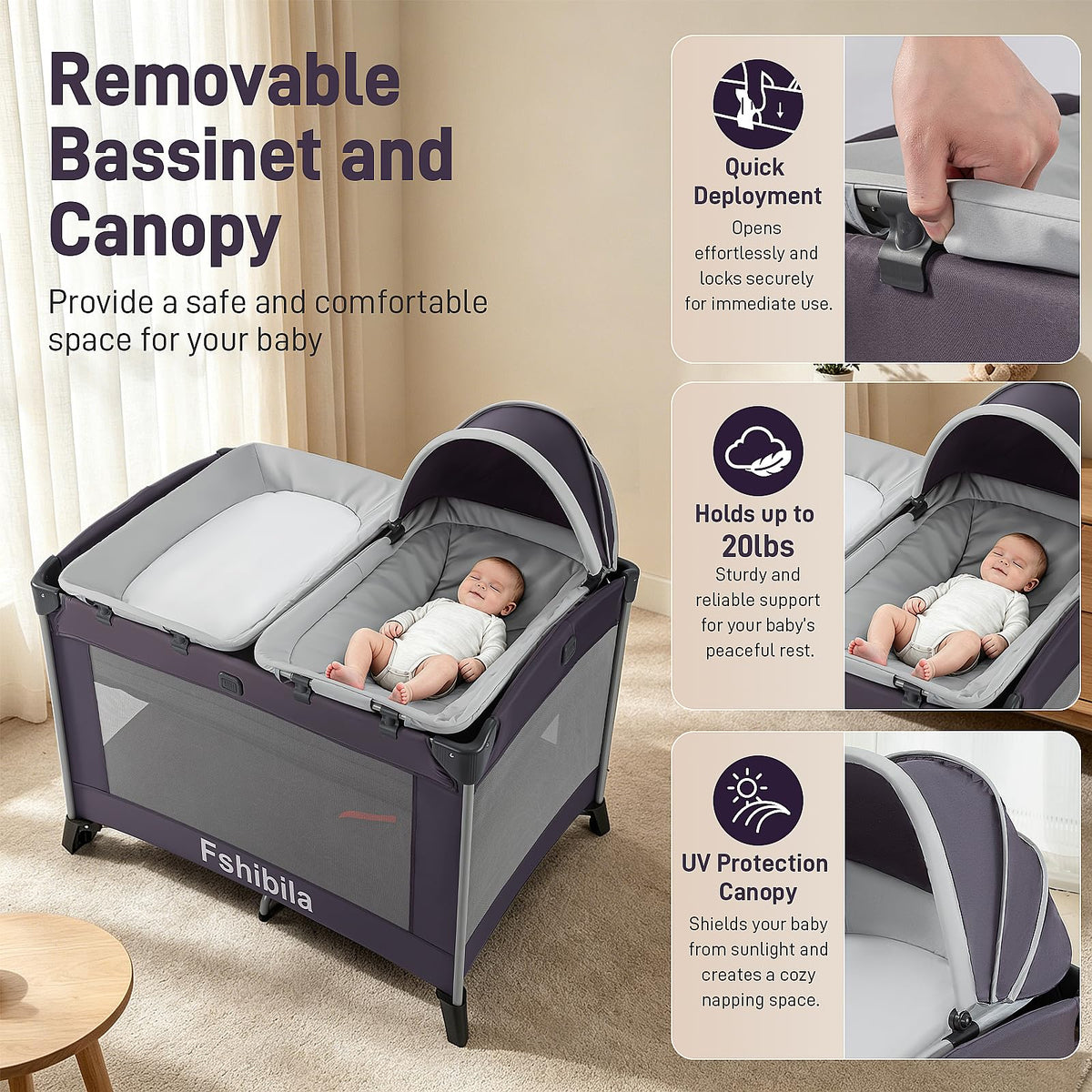 4-in-1 Portable Baby Playard with Bassinet and Changing Table, Black Y111