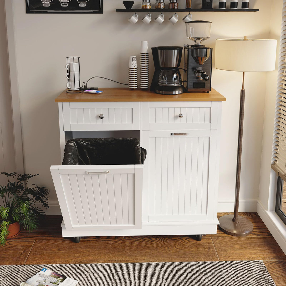 White 20 Gallon Tilt Out Trash Cabinet with Drawer N5125
