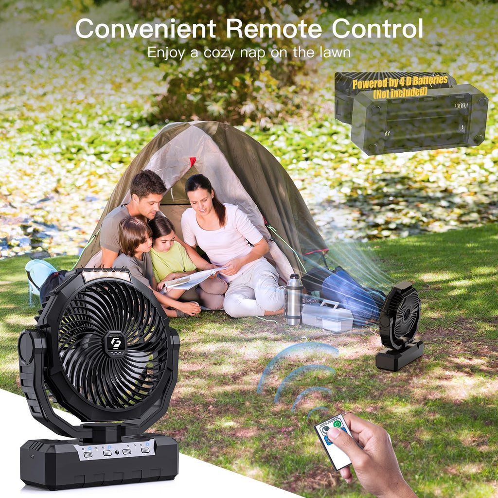 Battery Operated Portable Camping Fan with 4 Speeds, Light, Timer, Remote - Black A58009