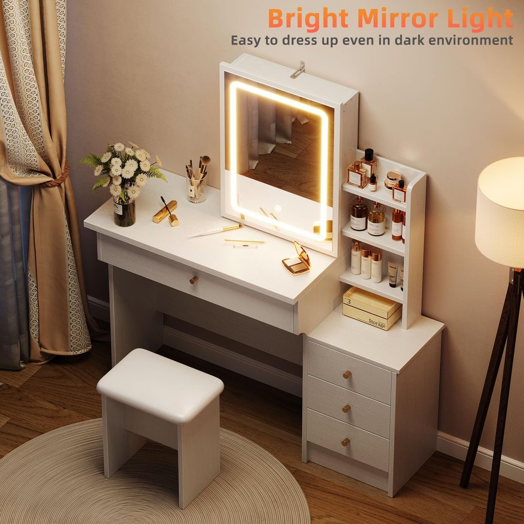 White Makeup Vanity Desk with Sliding Mirror & 4 Drawers V848