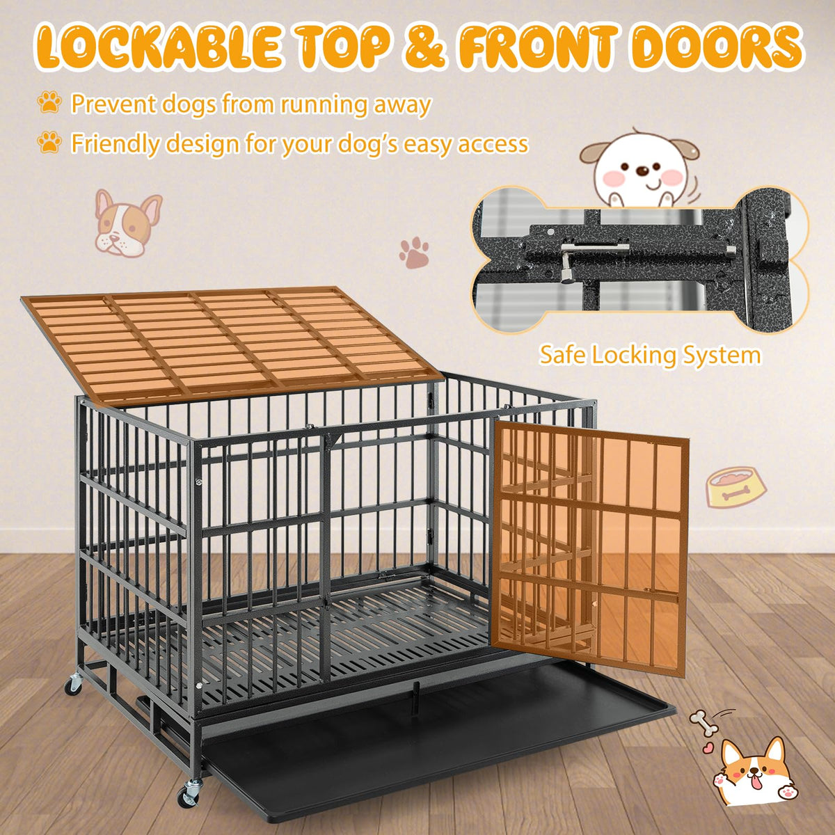 48 Inch Heavy-Duty Metal Dog Crate with Lockable Wheels N29307
