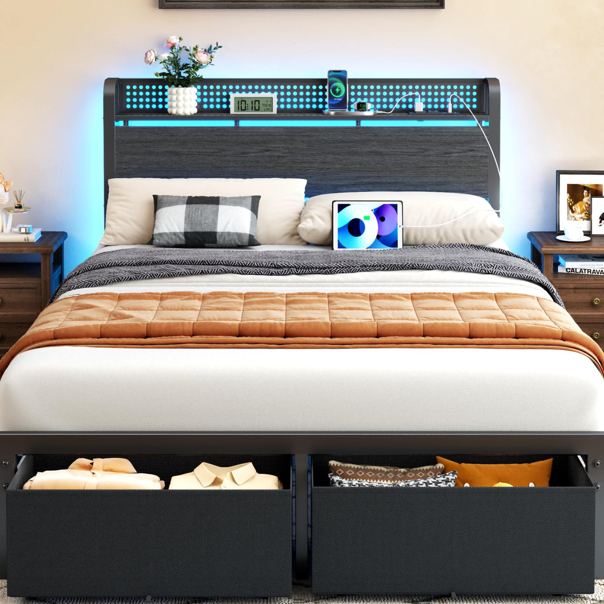 Full Size Bed Frame with Headboard, Charging Station, 2 Storage Drawers L987