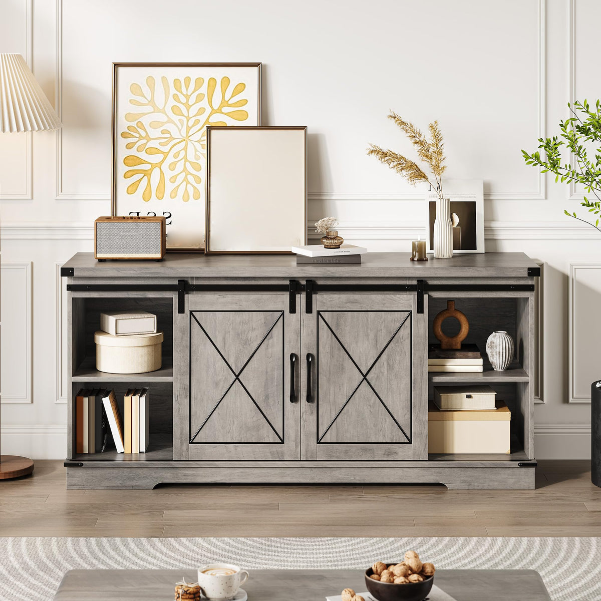 59" Farmhouse TV Stand with Sliding Barn Doors & Adjustable Shelves, Gray P82414