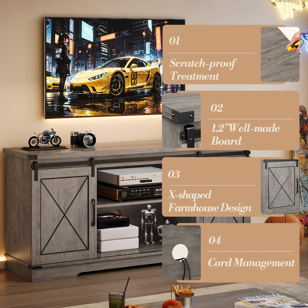 59" Farmhouse TV Stand with Sliding Barn Doors & Adjustable Shelves, Gray P82414