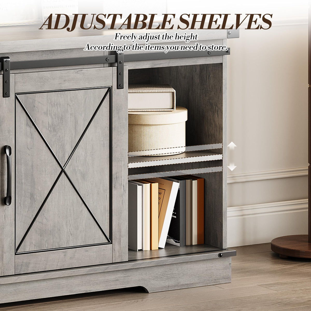 59" Farmhouse TV Stand with Sliding Barn Doors & Adjustable Shelves, Gray P82414