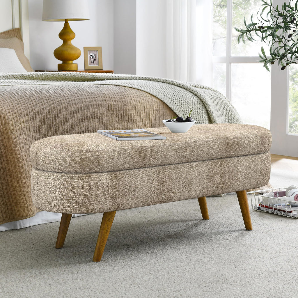 Brown Oval Storage Ottoman Bench with Rubber Wood Legs I172