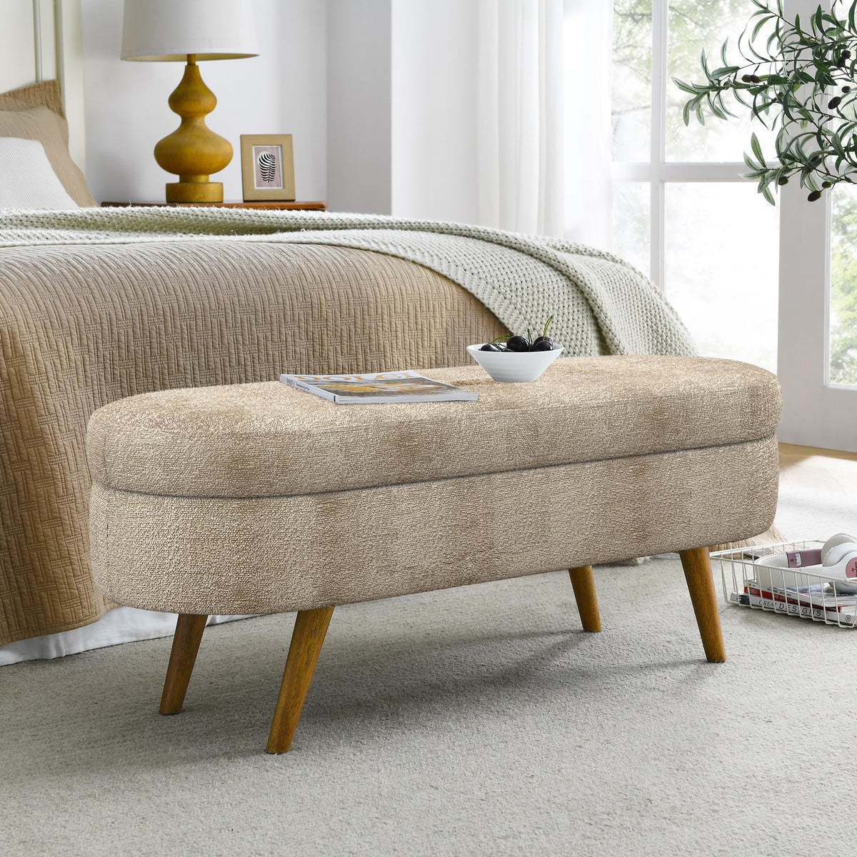 Brown Oval Storage Ottoman Bench with Rubber Wood Legs I172