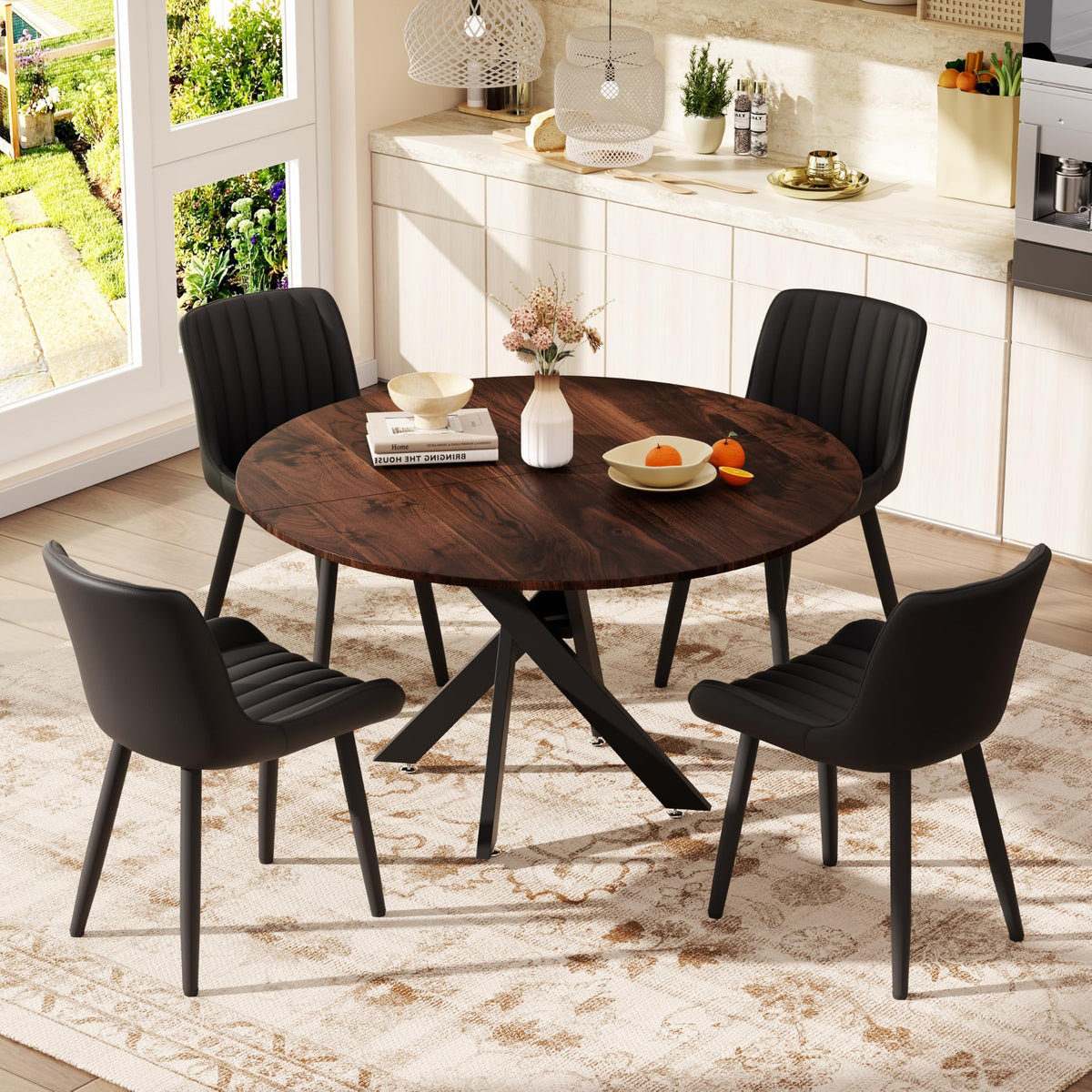 47" Walnut Round Dining Table Set for 4 with 4 Black Upholstered Chairs D21776