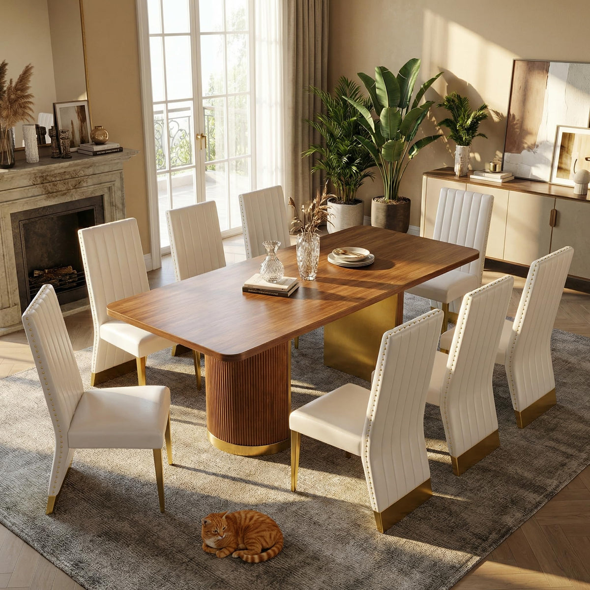 78" Walnut Dining Table Set with White Leather Chairs for 8 T550