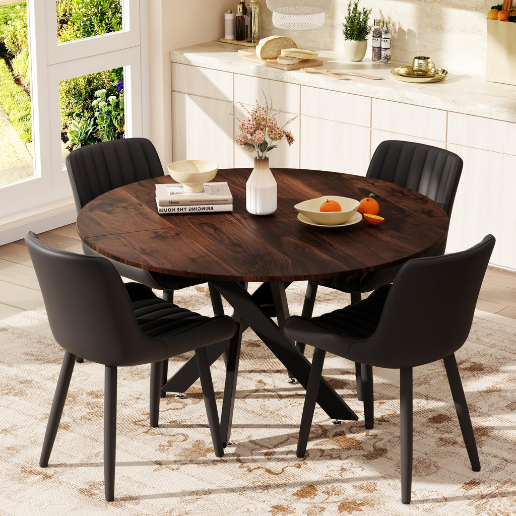 47" Walnut Round Dining Table Set for 4 with 4 Black Upholstered Chairs D21776