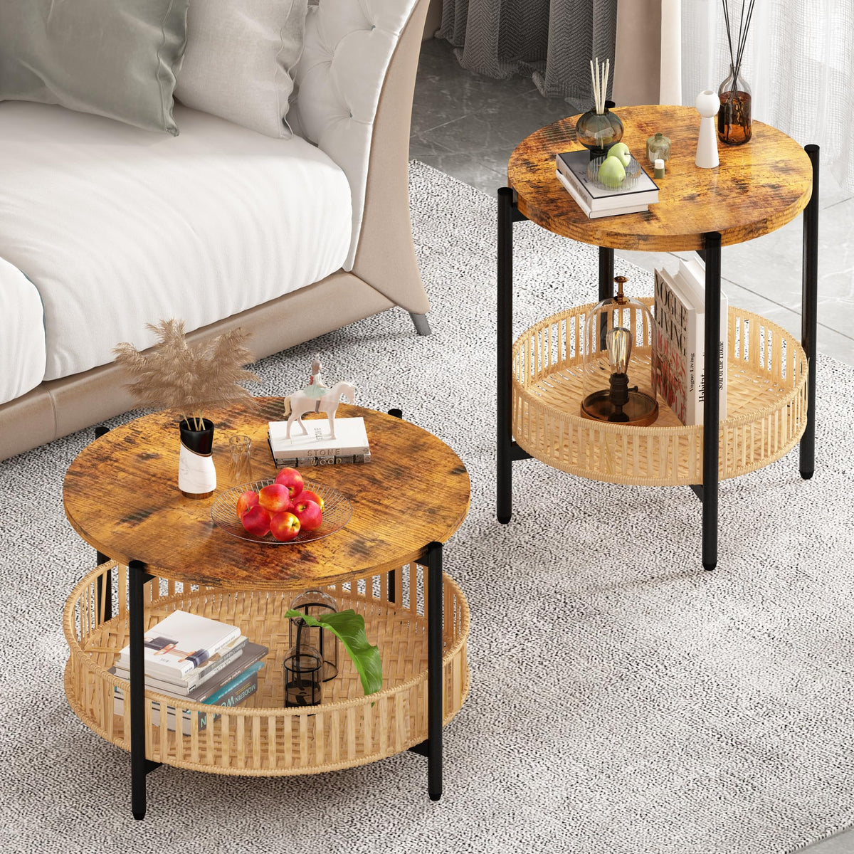3 Pieces 2 Tier Round Rattan Coffee Table Set with Metal Frame G669