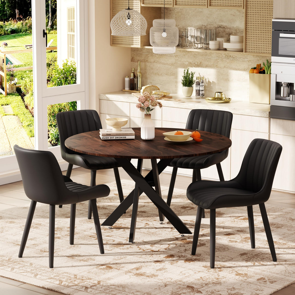 47" Walnut Round Dining Table Set for 4 with 4 Black Upholstered Chairs D21776
