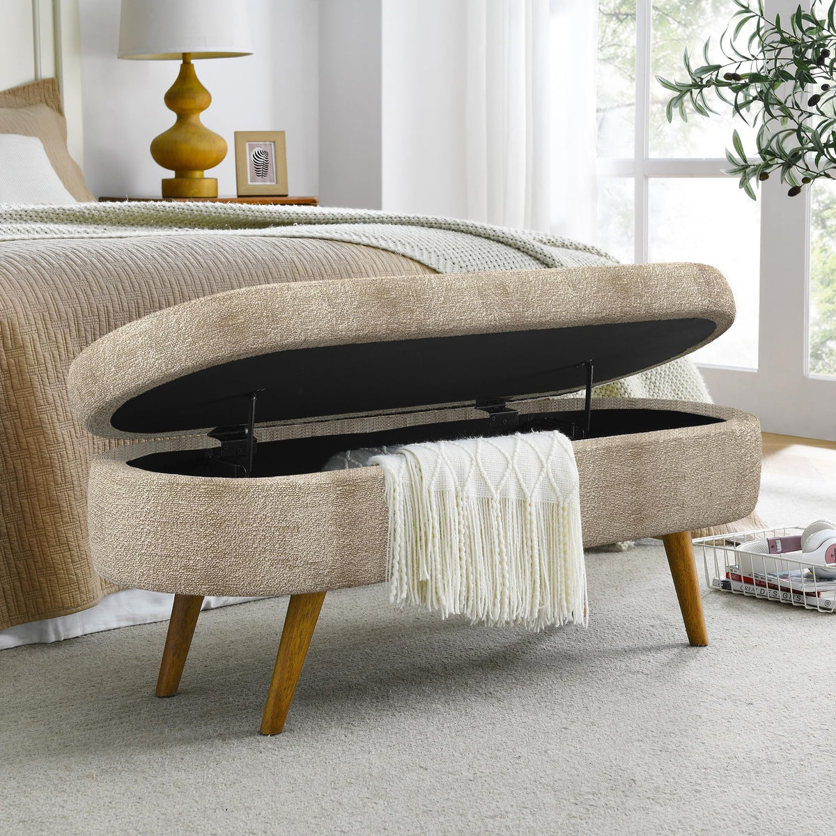 Brown Oval Storage Ottoman Bench with Rubber Wood Legs I172