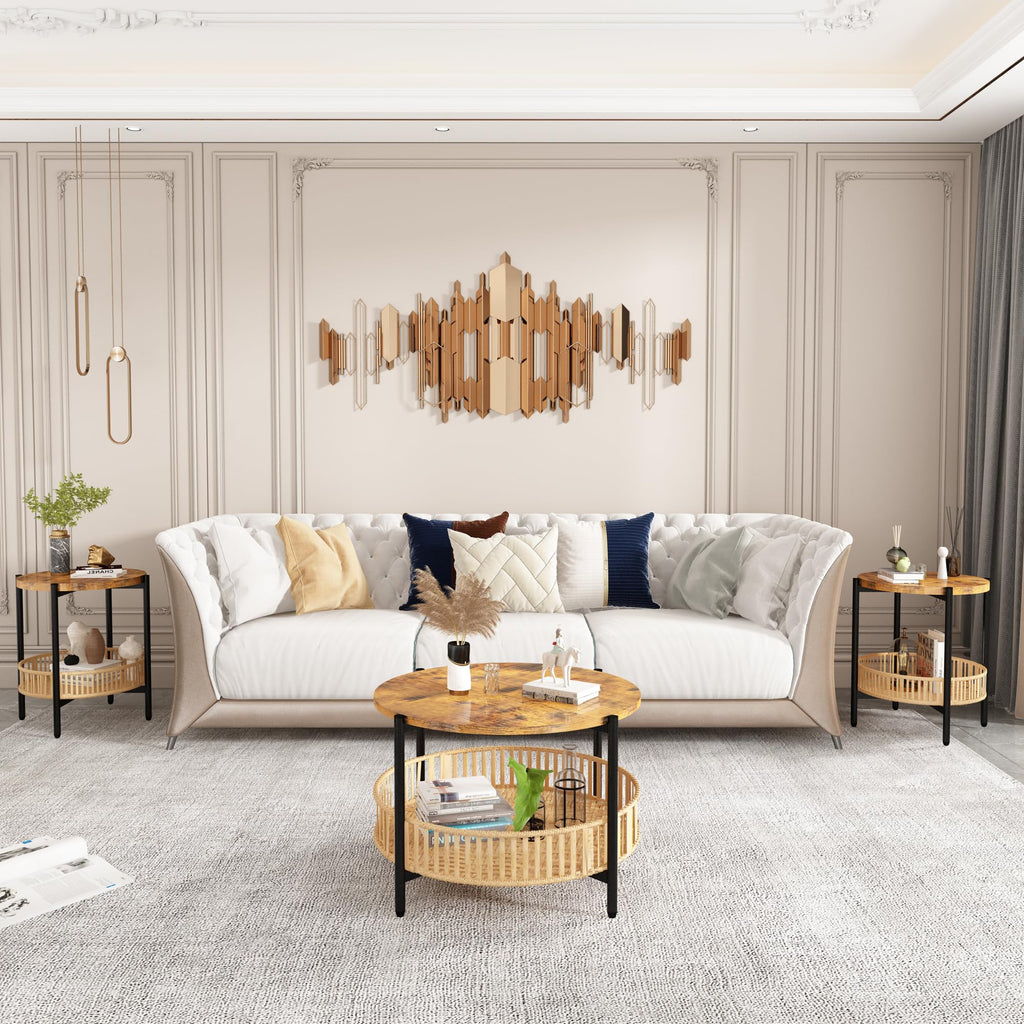 3 Pieces 2 Tier Round Rattan Coffee Table Set with Metal Frame G669