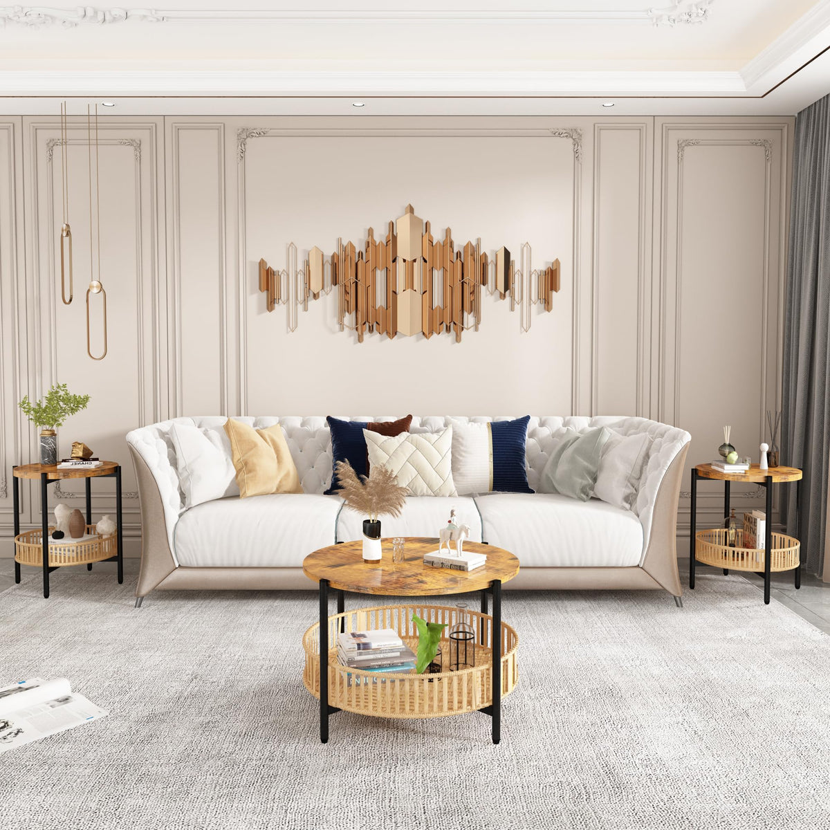 3 Pieces 2 Tier Round Rattan Coffee Table Set with Metal Frame G669