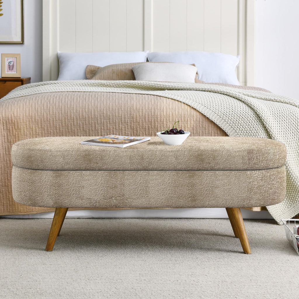 Brown Oval Storage Ottoman Bench with Rubber Wood Legs I172