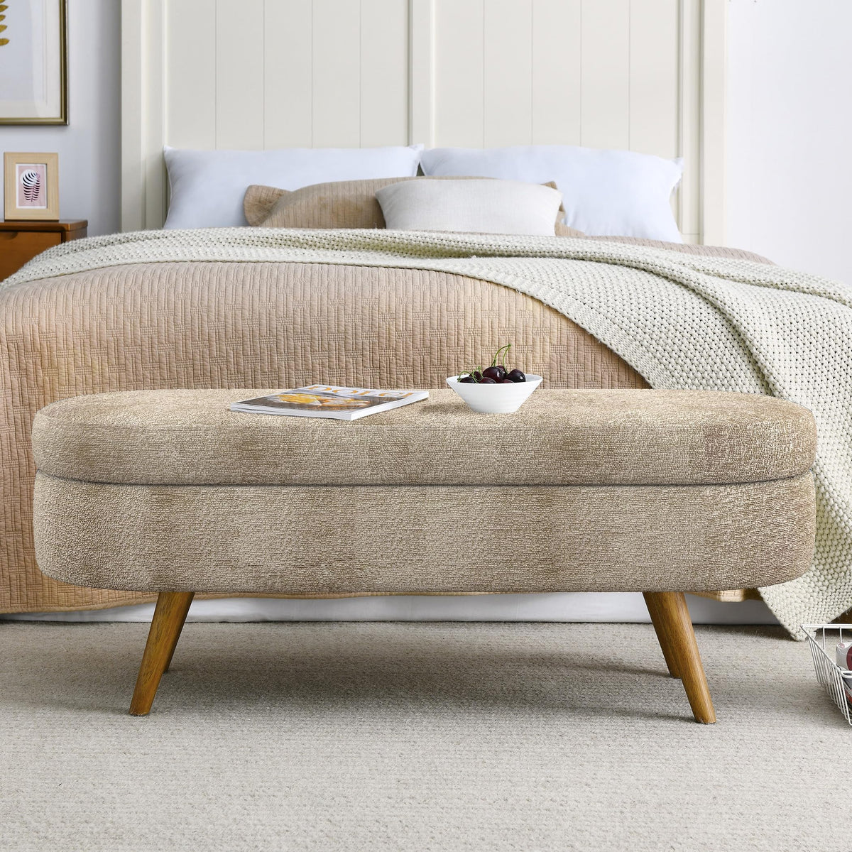 Brown Oval Storage Ottoman Bench with Rubber Wood Legs I172
