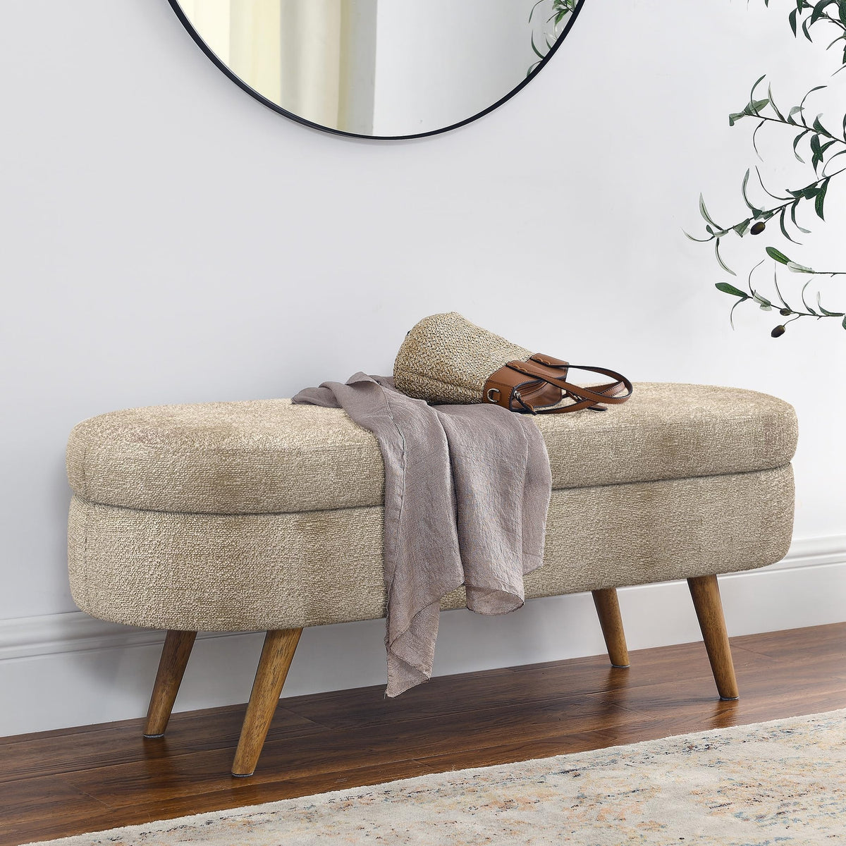 Brown Oval Storage Ottoman Bench with Rubber Wood Legs I172
