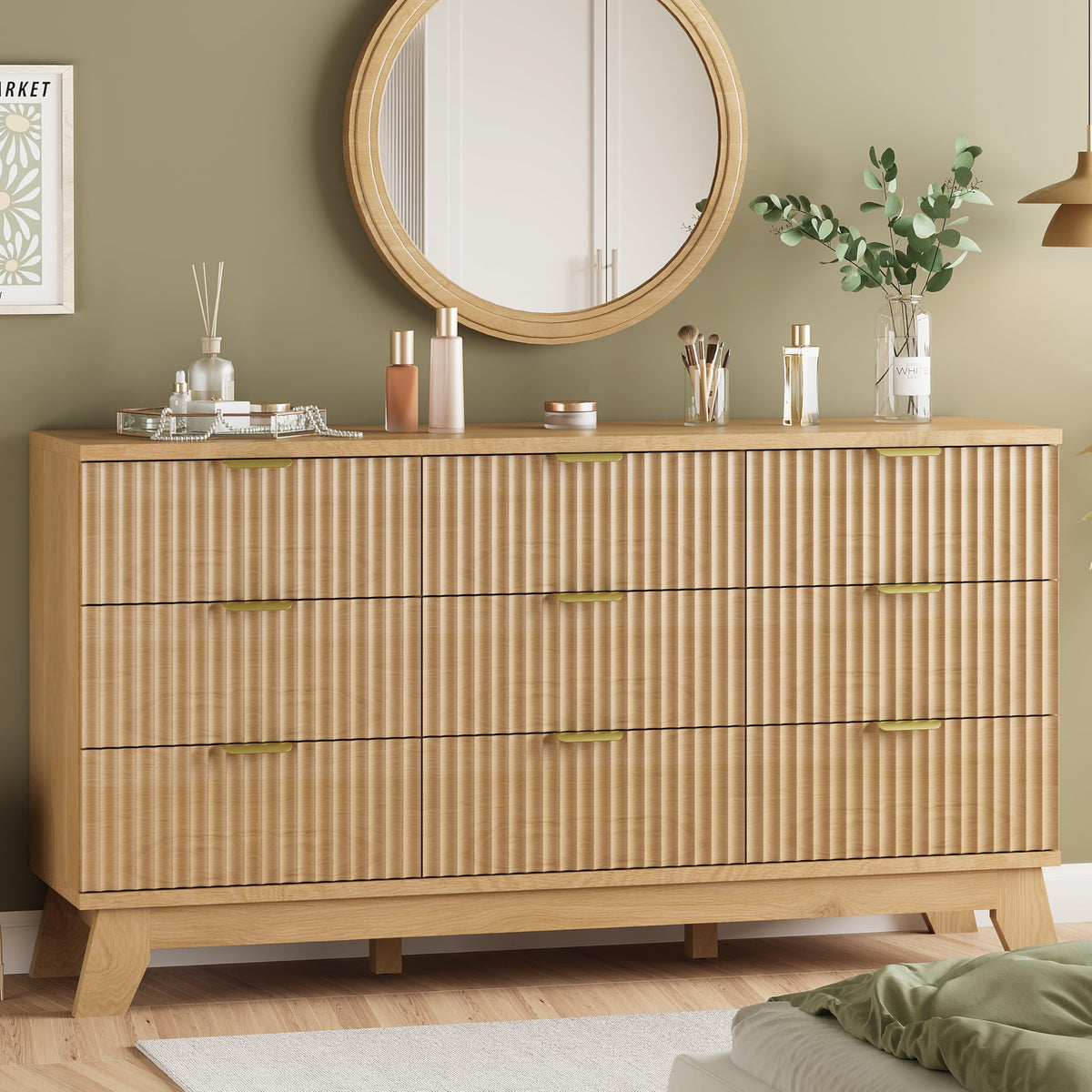 Natural Oak 9 Drawer Fluted Wood Dresser L851470