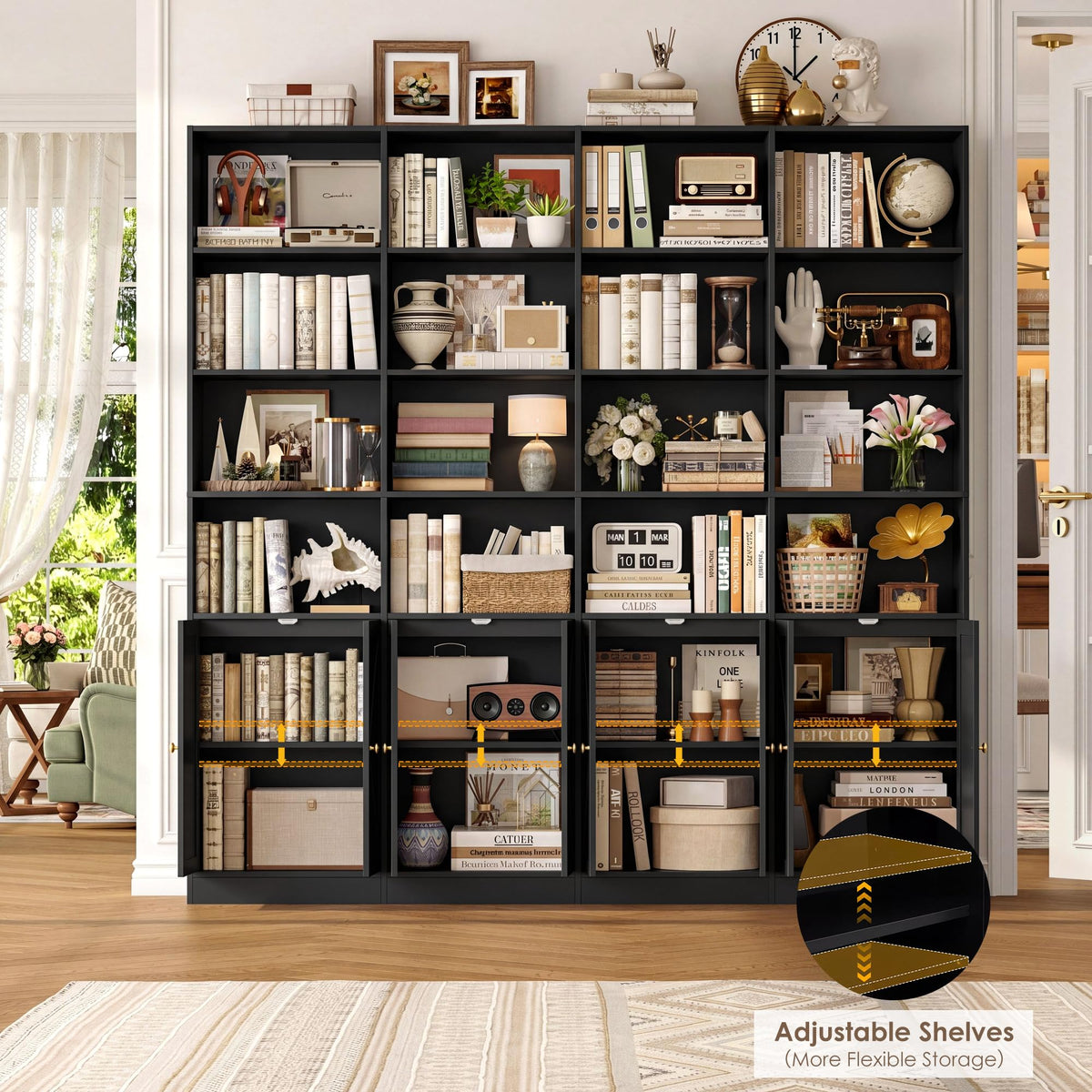 72.8" Black Bookshelf with 8 Doors H331