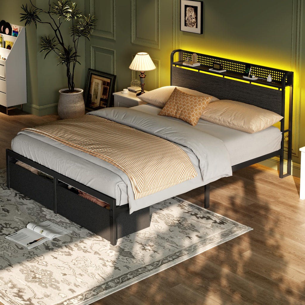 Full Size Bed Frame with Headboard, Charging Station, 2 Storage Drawers L987