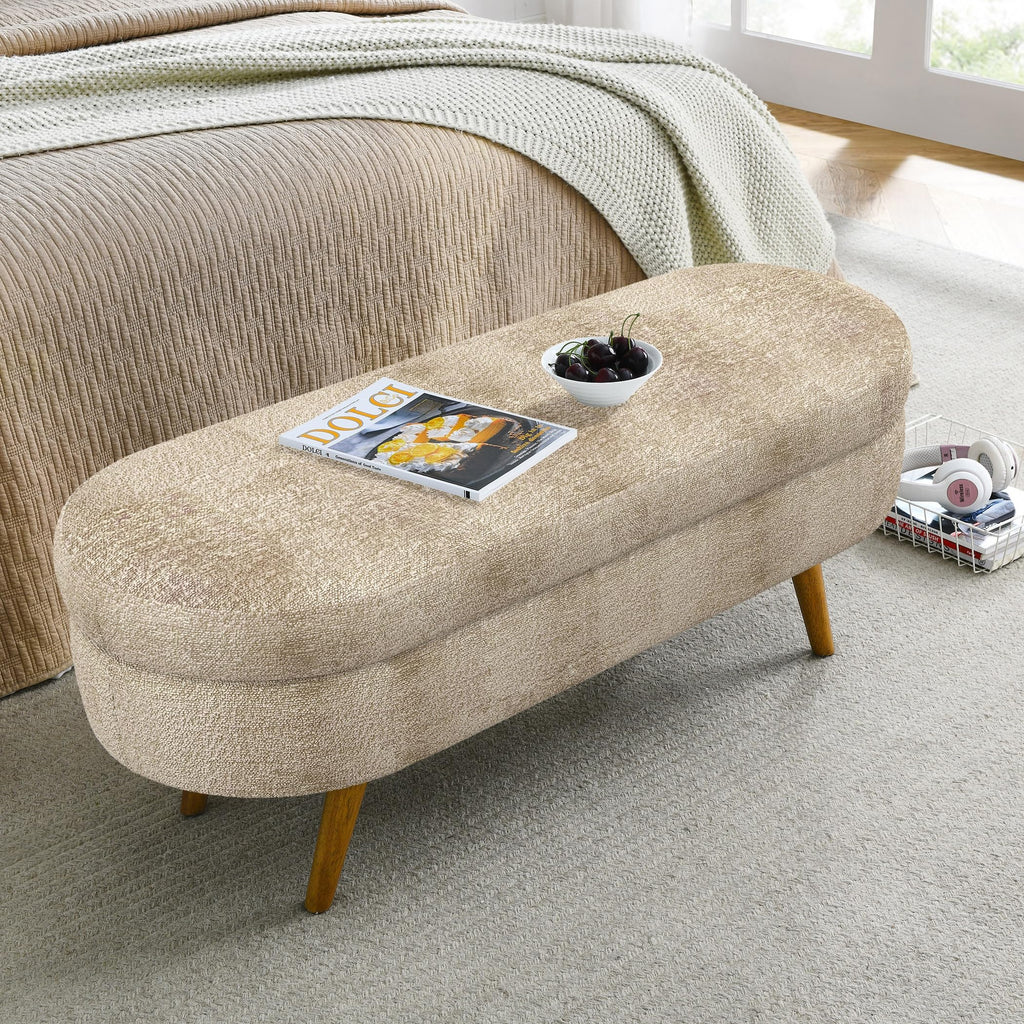 Brown Oval Storage Ottoman Bench with Rubber Wood Legs I172